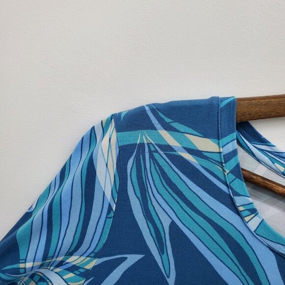 LOGO By Lori Goldstein Womens Satin Hem Tunic Top Size M Blue Printed Asymmetric - Picture 9 of 16